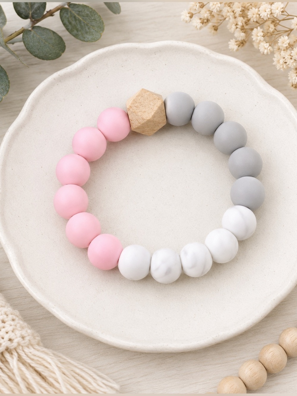 Pastel Silicone & Wood Beaded Stretch Bracelet Pink Gray White Minimalist Boho